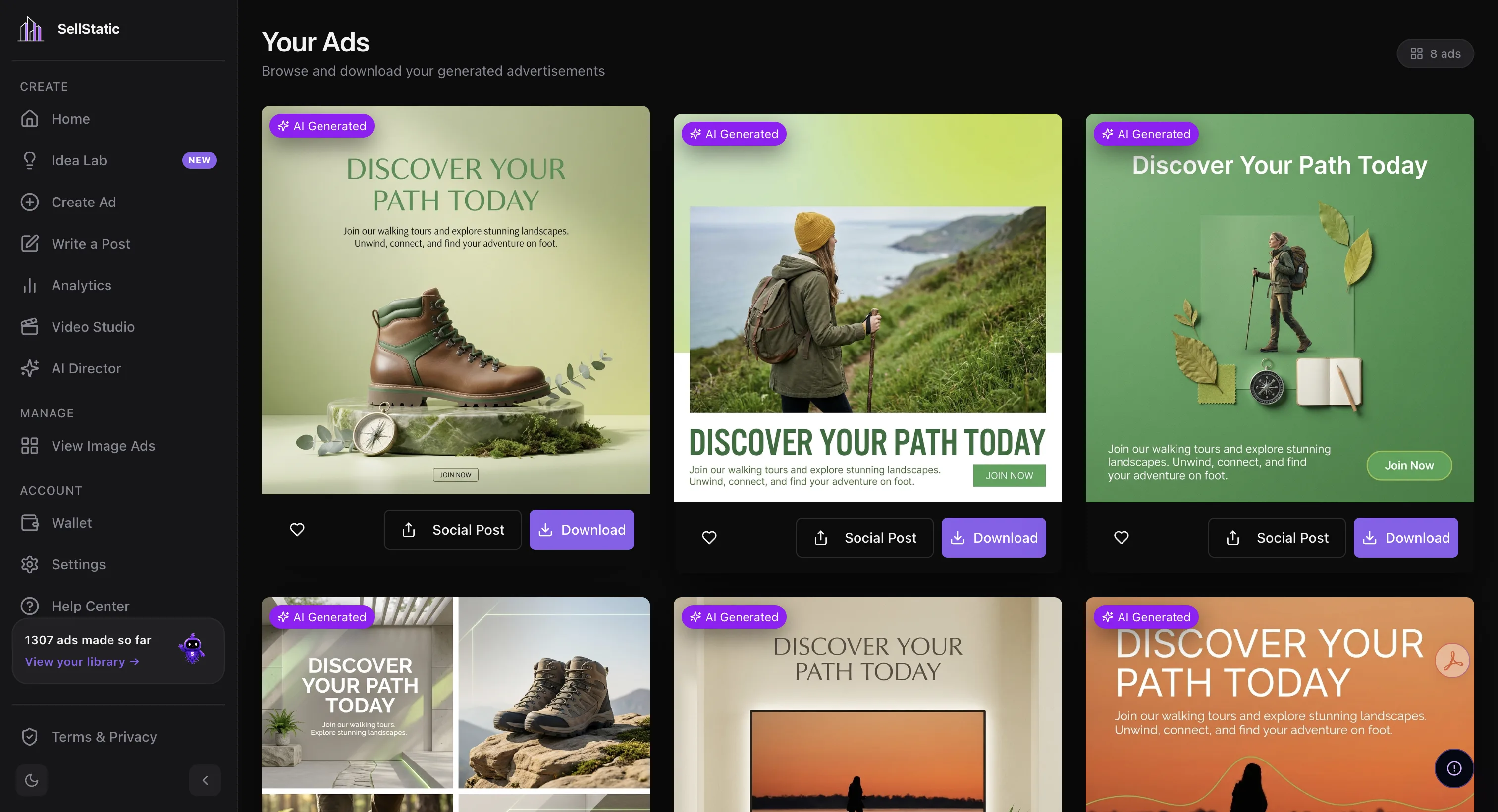 SellStatic generated ads library screen